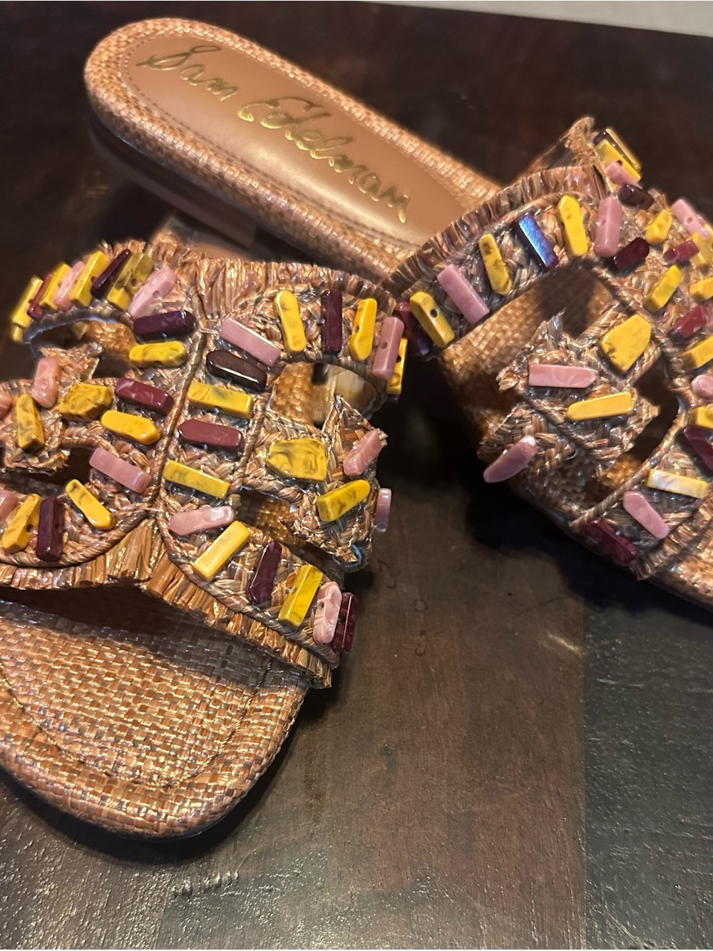 Sam Edelman Brown Woven Beaded Slide Mules with Yellow Pink and Burgundy Accents